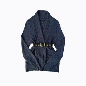 Navy Slub Knit Open Cardigan Duster M/L Shawl Collar Cotton Textured Cottagecore